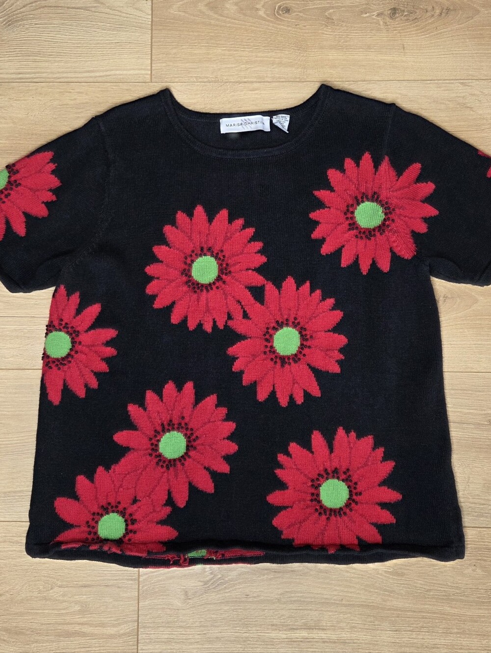 Marisa Christina Daisy Sweater Black Red Floral Short Sleeve XL Garden Party - Picture 5 of 7